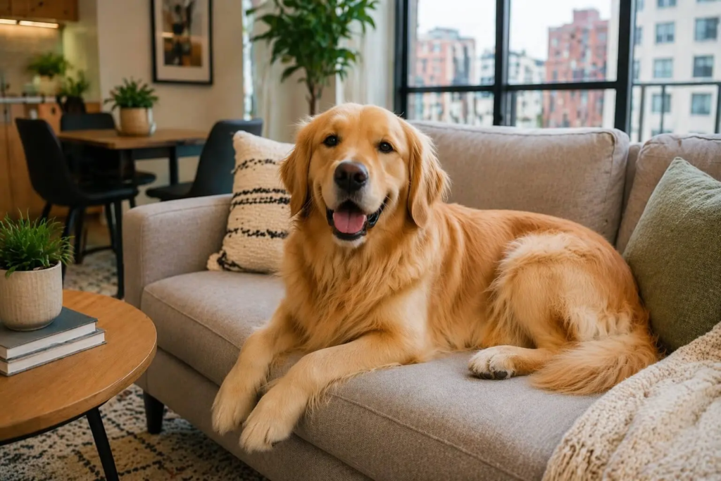 Golden Retriever resting after exercise in a backyard