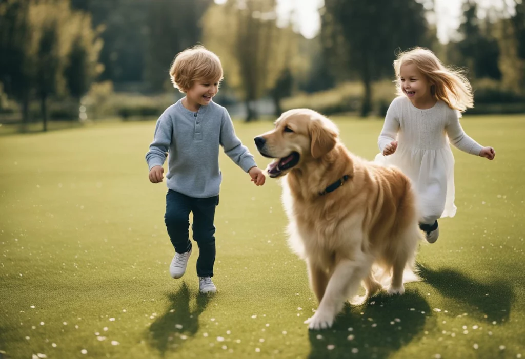 golden retriever playing gently with children in backyard