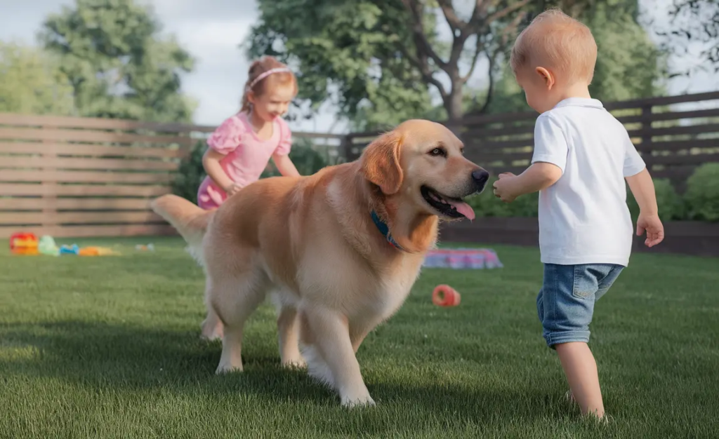family bonding with golden retriever at home in living room