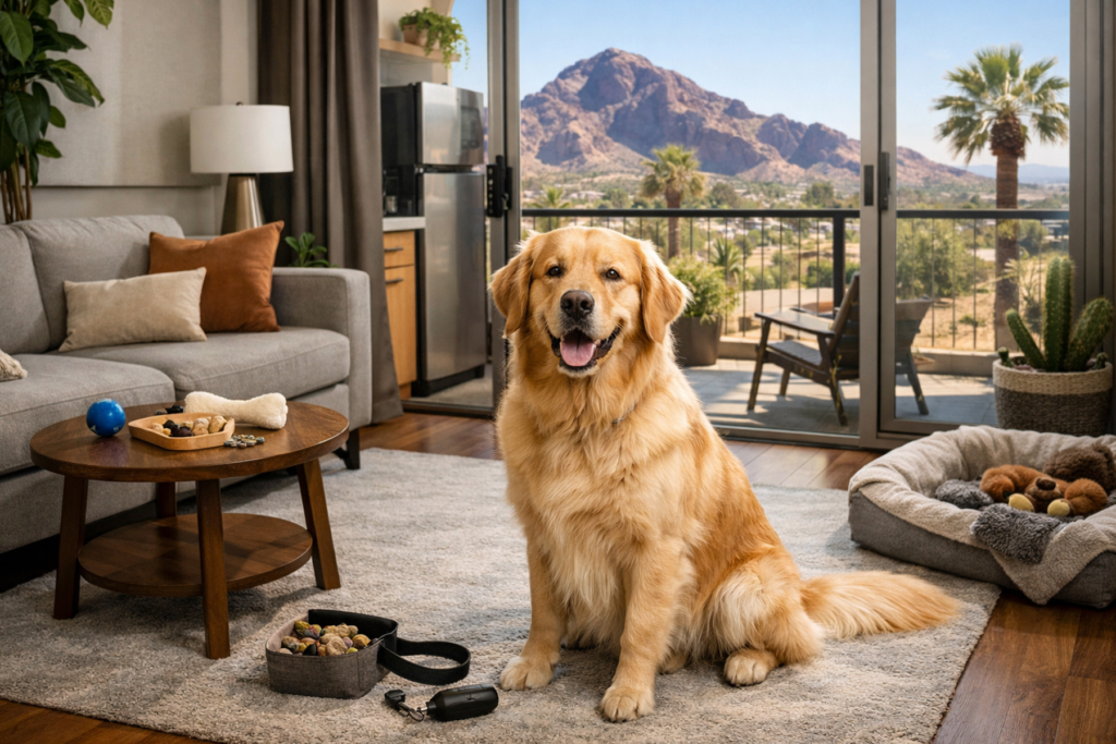 Golden Retriever living in a small apartment space